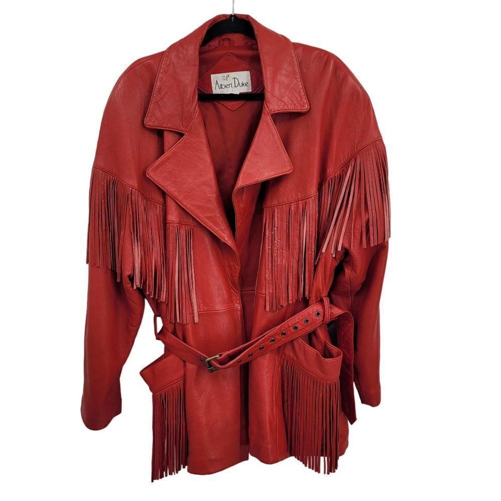 Vintage Leather Fringed Jacket Coat L Red‎ Oversized Belted Rodeo Cowgirl Boho